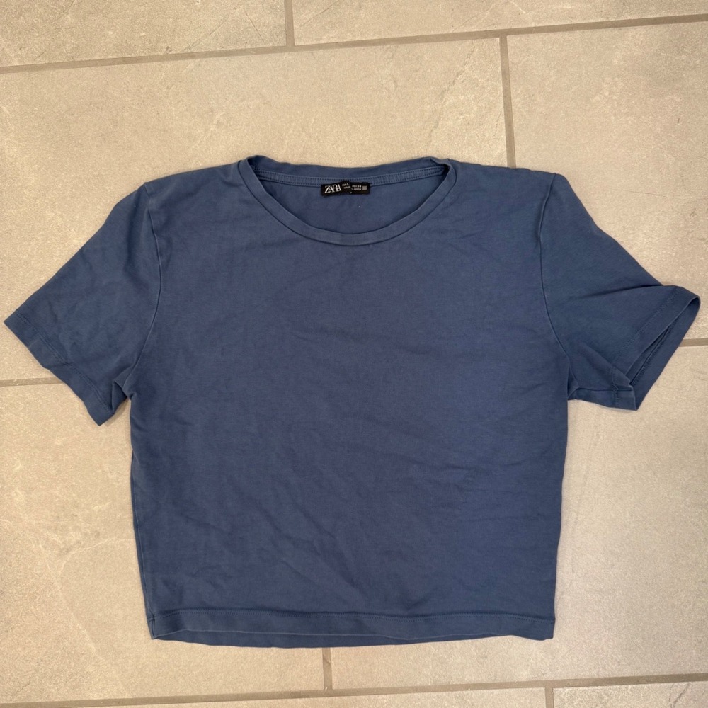 Zara Womens Blue Short Sleeve Crew Neck Crop Top T-Shirt Size Large